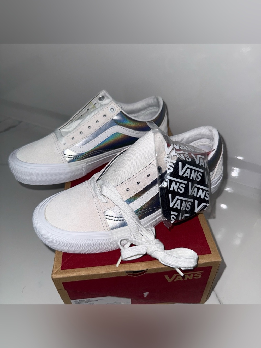 Vans White Low-Top Sneakers with Iridescent Side Stripe
